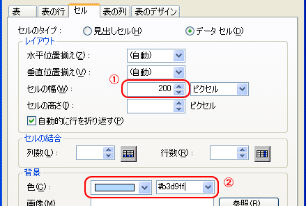 セルの幅設定と背景色の設定